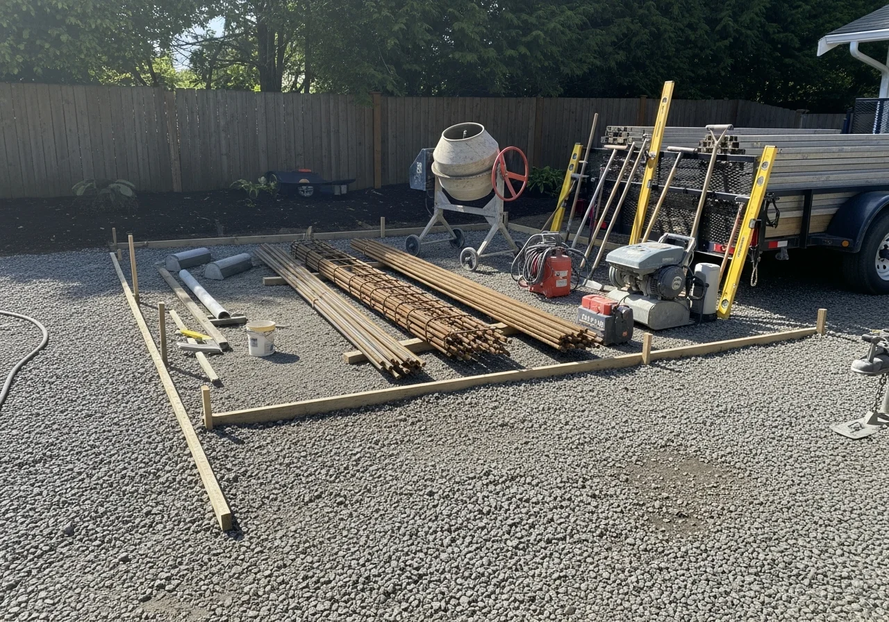 Concrete work crew and tools on a residential job site, showing professional equipment and materials ready for installation.