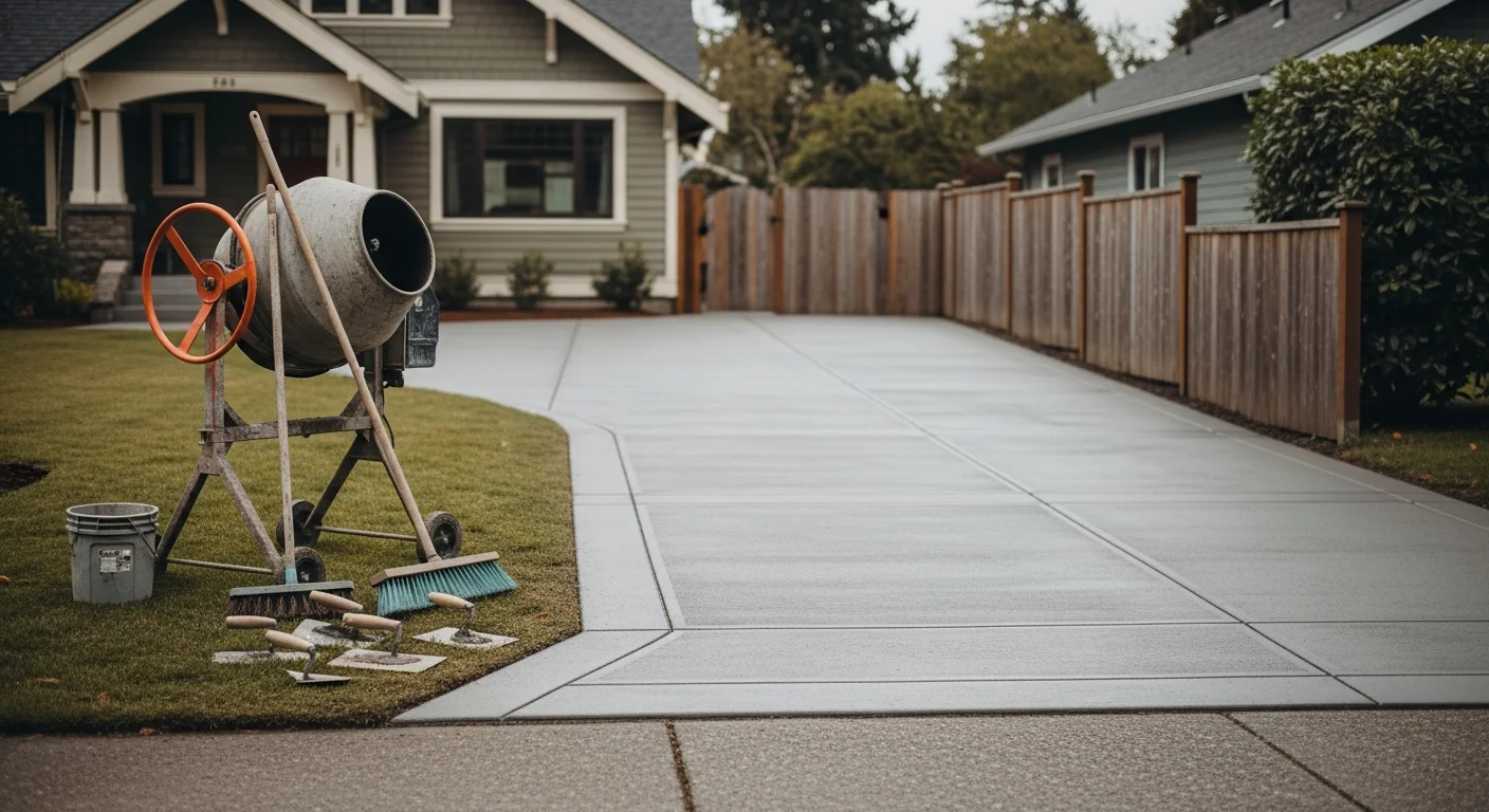 Concrete overlay application on residential driveway