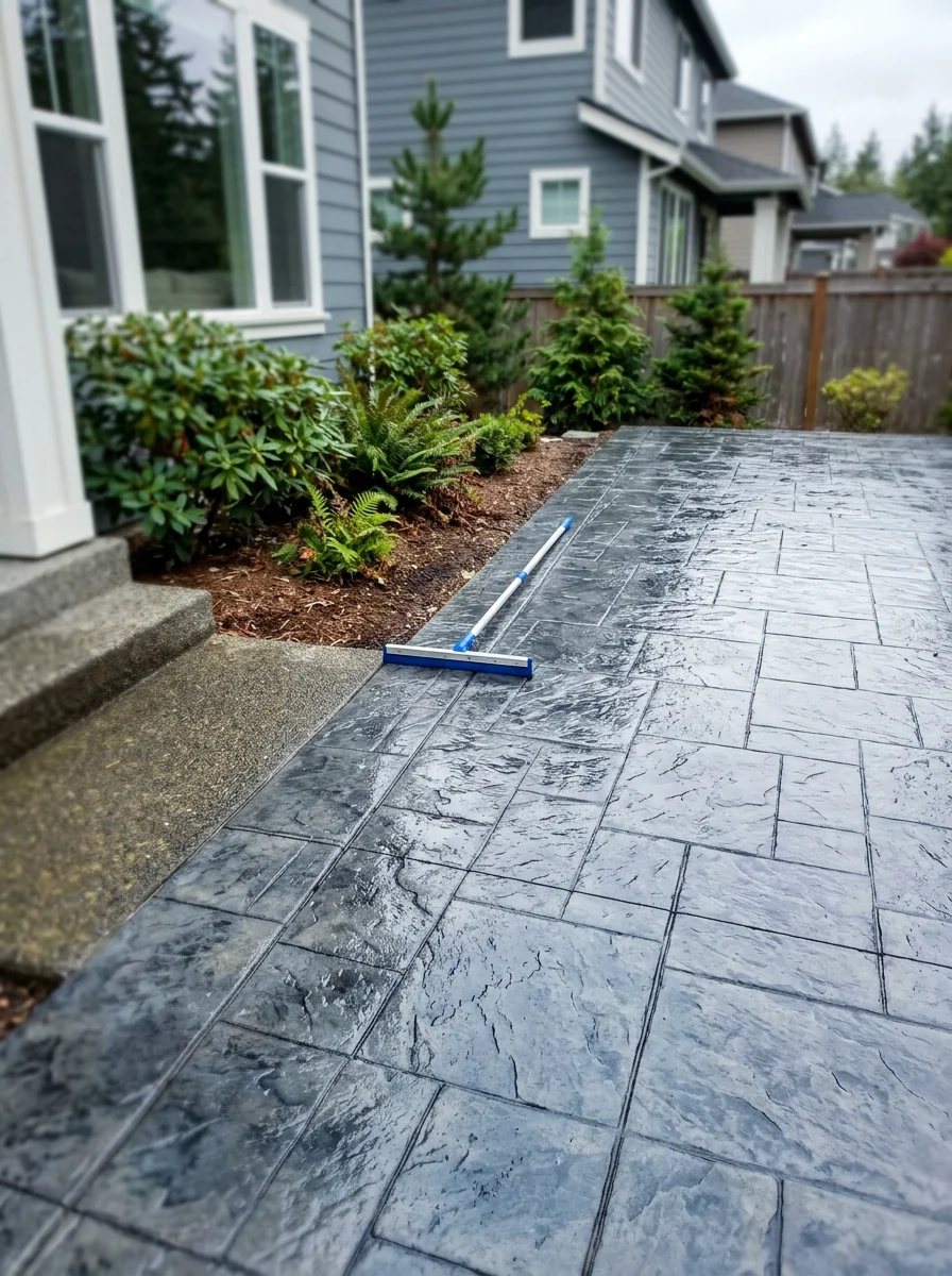Stamped concrete patio with sealing application in suburban King County home, demonstrating weather protection