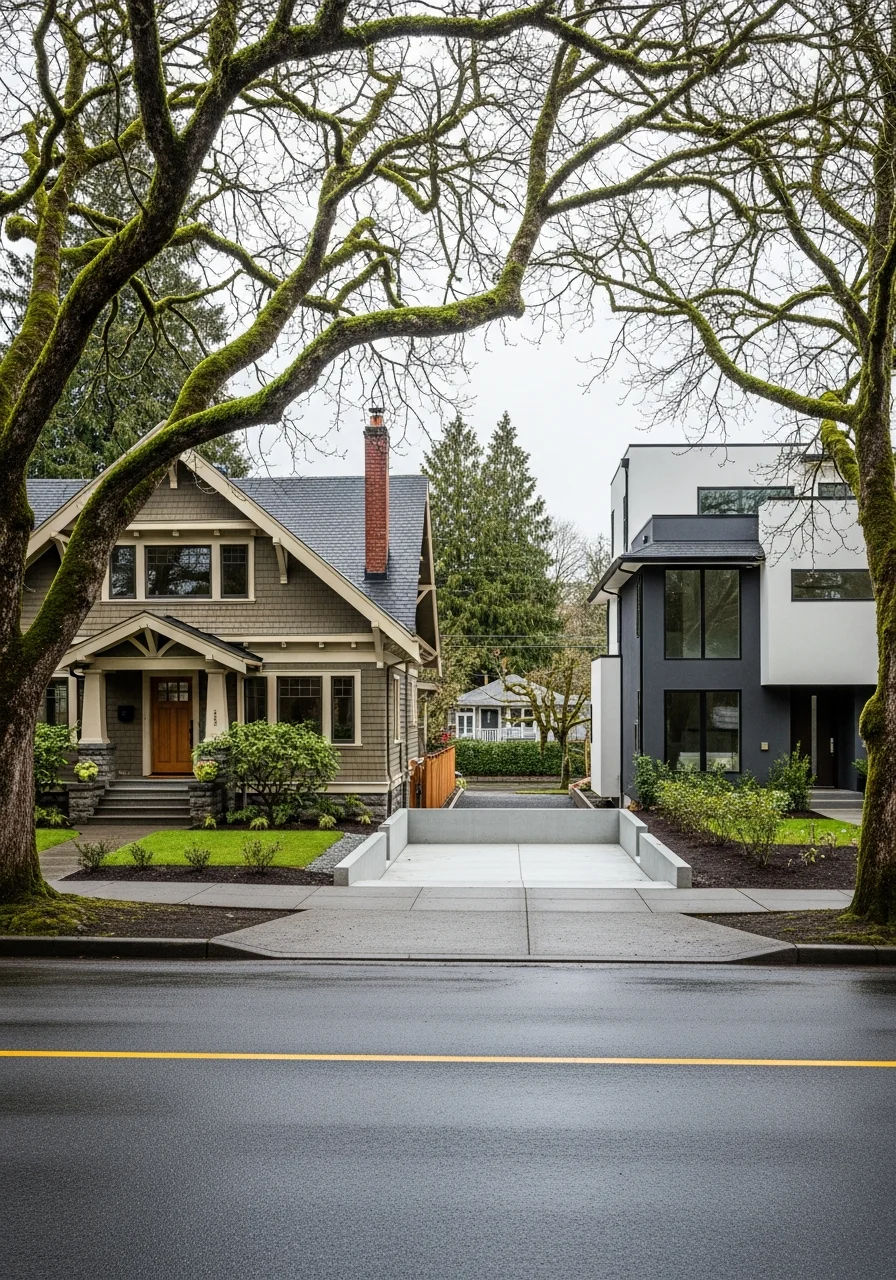 Seattle residential street with modern and traditional homes under cloudy Pacific Northwest sky.