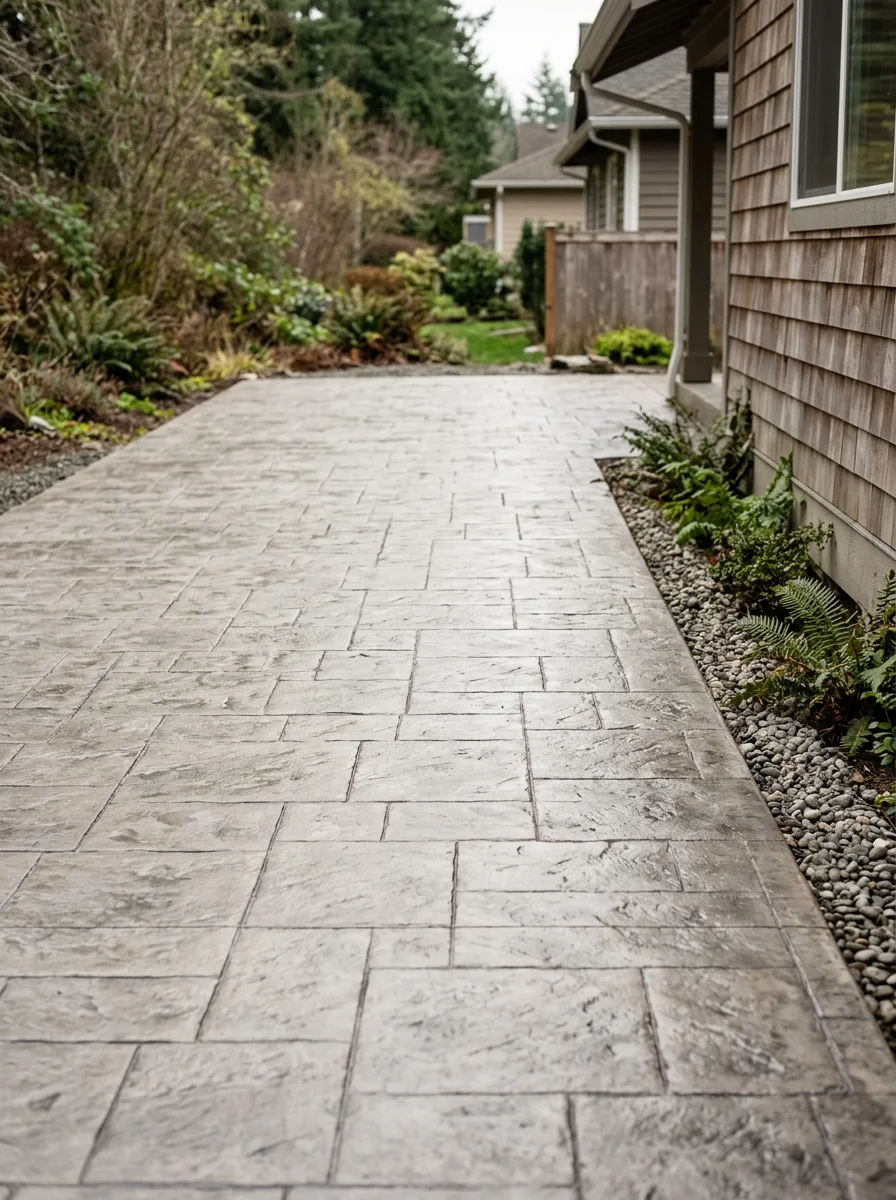 Stamped concrete patio on a Mount Vernon property with proper drainage grading for wet climate