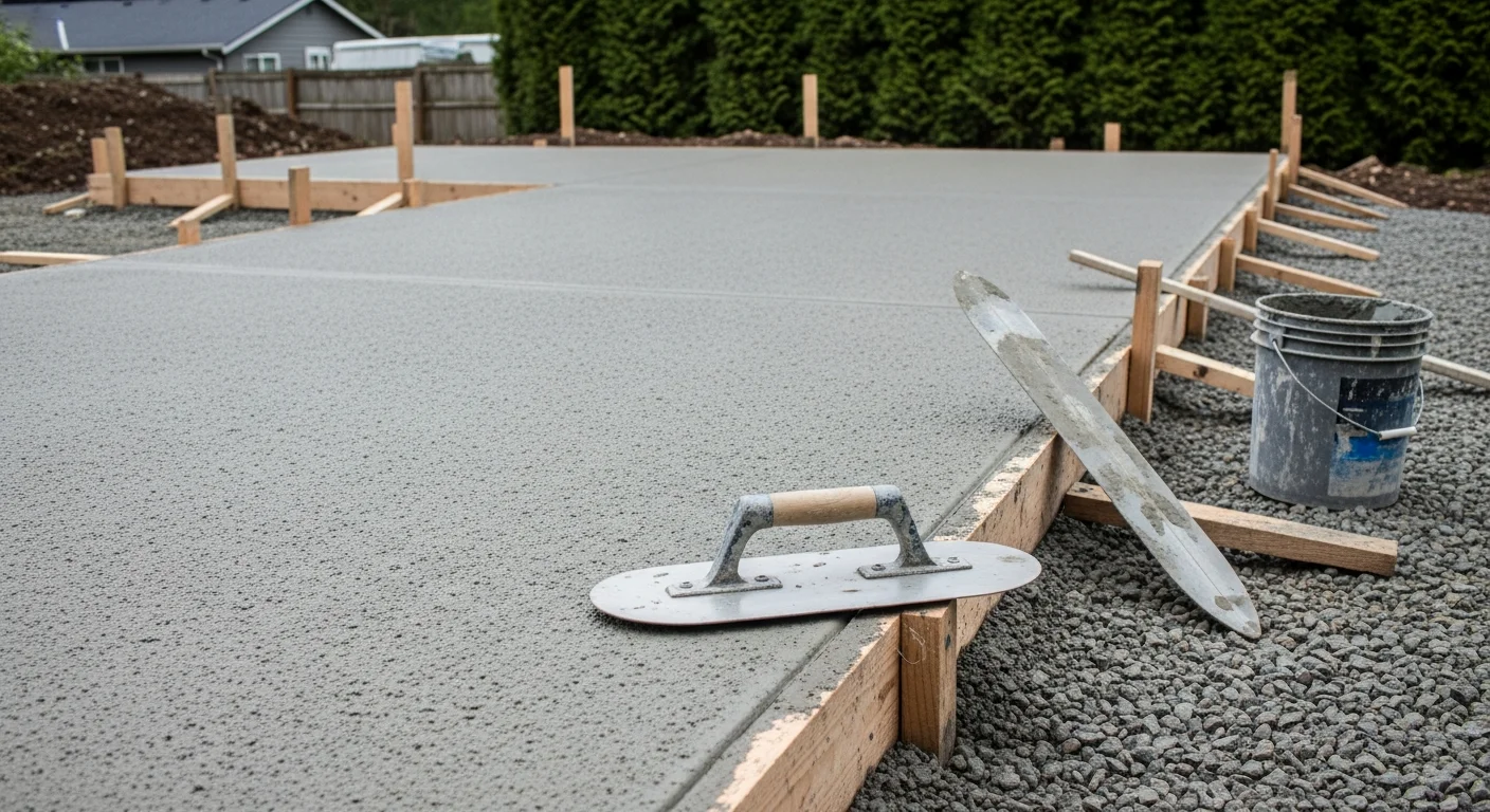 A freshly trowel-finished concrete patio slab outside a Capitol Hill rowhouse, showing a smooth, even gray surface with clean control joints. The finished slab sits adjacent to a brick exterior wall typical of the neighborhood's historic residential architecture.