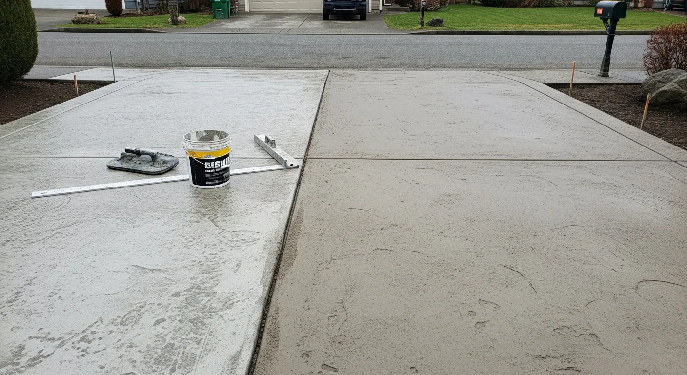 A freshly applied concrete overlay on a residential driveway in Capitol Hill, showing a smooth, sealed surface with uniform color and clean edges. The restored slab contrasts with the weathered concrete visible at the property boundary.