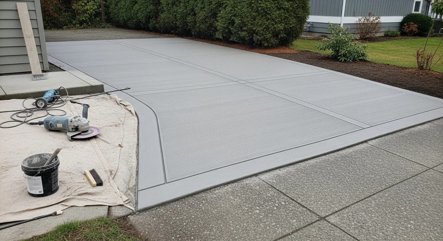A freshly resurfaced concrete driveway at a Capitol Hill residential property, showing a smooth, uniform overlay with clean edges. The restored surface contrasts with the weathered concrete visible at the property boundary.