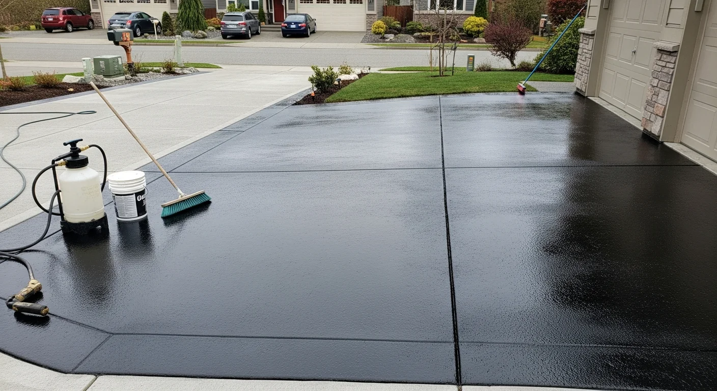 A freshly sealed concrete driveway and front stoop on a Capitol Hill rowhouse, showing a clean, water-resistant surface with no visible cracking or staining. The sealed walkway leads from the sidewalk to the front entry under typical DC urban conditions.