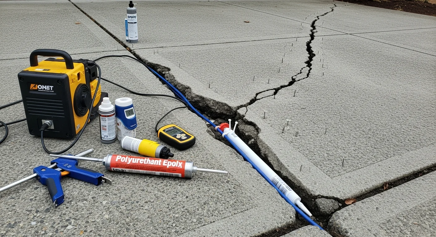 A repaired concrete driveway slab on a Capitol Hill residential property, showing a sealed crack with a clean, even surface finish. The surrounding rowhouse facade and narrow urban lot are visible in the background.