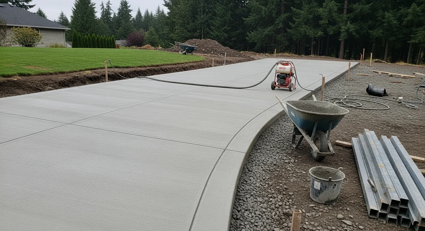 Freshly poured concrete driveway with a broom finish on a sloped residential lot in Capitol Hill. The surface runs from the street to a single-car garage with clean formed edges and a sealed finish.