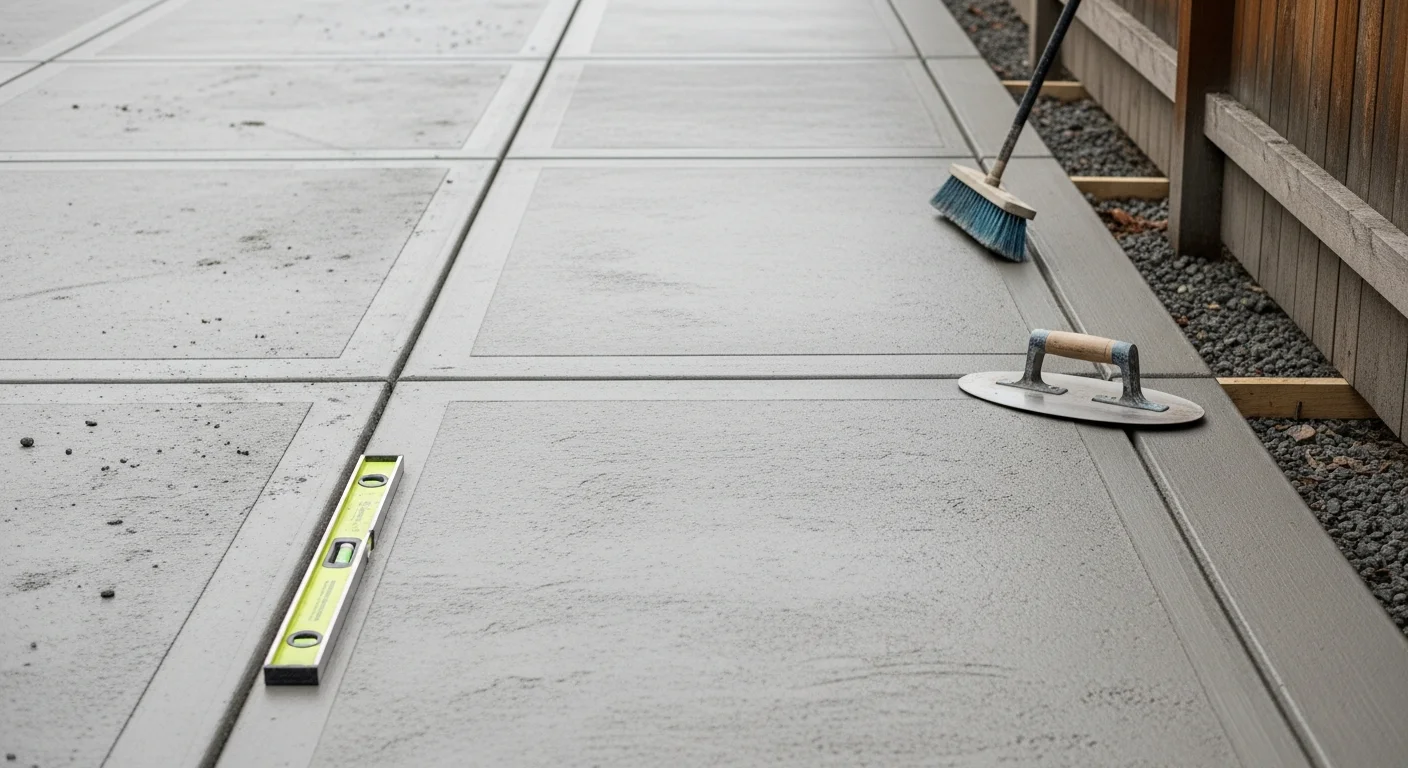 Freshly finished concrete driveway apron and walkway at a Capitol Hill rowhouse, showing a smooth broom-textured surface with clean control joints. The flatwork connects the front entry to the sidewalk on a narrow DC lot.