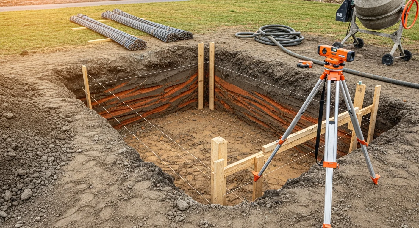 A freshly poured reinforced concrete foundation wall on a Capitol Hill rowhouse lot, with visible rebar and formwork set against the clay soil of the excavated site. The surrounding brick rowhouses and alley access typical of the neighborhood are visible in the background.
