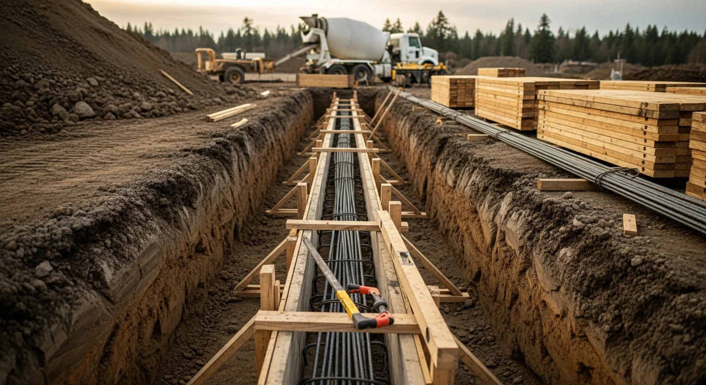A freshly poured reinforced concrete foundation wall in a Capitol Hill residential lot, with rebar visible at the footing line and a Victorian rowhouse facade visible in the background. The pour is level and set within a tight urban lot typical of the neighborhood.