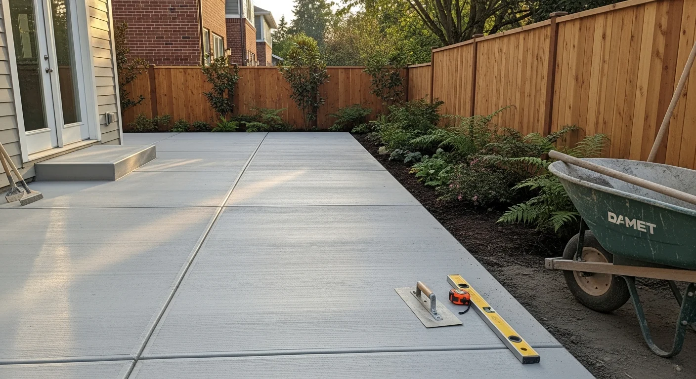 A freshly poured concrete patio in the narrow rear yard of a Capitol Hill row house, with a brushed finish and clean edges flush against the back of the home. The slab is sized to fit the full width of the urban lot, with visible slope away from the foundation for drainage.