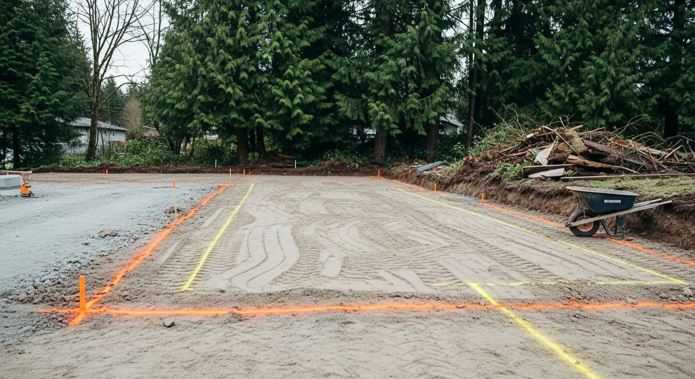 A Capitol Hill residential lot with cleared and graded ground ready for concrete work, showing compacted subbase and marked utility lines along a narrow urban property boundary. A masonry contractor crew prepares the site adjacent to a historic rowhouse facade.