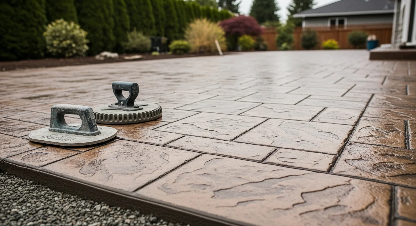 A freshly installed stamped concrete patio with a slate-pattern finish in the backyard of a Capitol Hill row home. The surface shows clean color tones and defined stamp lines, with a brick exterior wall visible in the background.