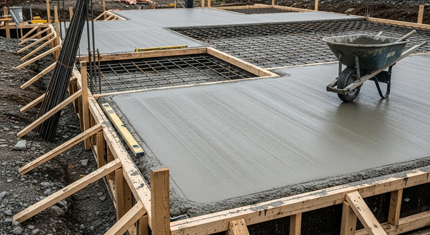 A freshly poured and formed reinforced concrete foundation at a Capitol Hill residential property, with visible rebar grid and smooth concrete walls ready for framing. The surrounding row home streetscape is visible in the background.